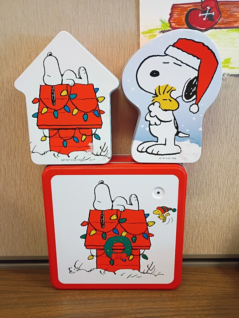 Three Christmas Snoopy Tins one plays music and lights up